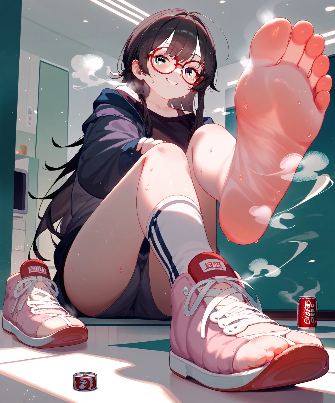 wallpaper,White off-shoulder casual wear，bangs，Bangs，The background is in the room， Straight Hair，Long hair，best quality, Very detailed, masterpiece, Extremely detailed, illustration, Sky,Foot Focus， barefoot,Stinky feet,Steam around feet,脚底Sweating很多，Sweating，Black eyes，black hair,Red round glasses frame，Red round frame glasses，Two feet，Each foot can only have five toes，Good feet，Nice looking feet，delicate foot，There is a pair of slippers on the ground on the right side of the screen，Steam around shoes，Height 2 meters，个子Very high，Very high，Be around 30 years old，Mature，Smirk，