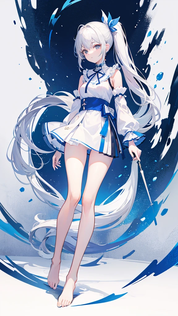 ((Super detailed details))A white double ponytail hair,Blue bow,(清凉白色宽松泳装少女Stand sideways在沙滩上)(Happy and lively)Moe,Perfect body proportions((Full body picture))Stand sideways,Bare feet and legs