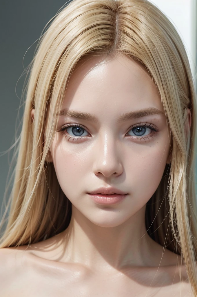 defined photo of woman with blonde hair, defined and delicate features. clear skin and face test