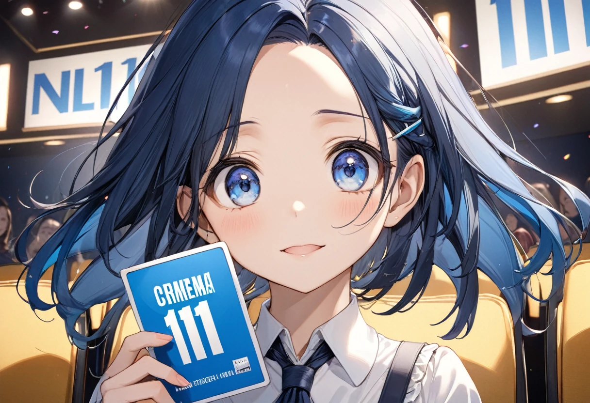 (Characters appear word of "1111"), (a forehead blue hair long hair cute girl, blue eyes, hand holding Number Card of) (("1111")) on to cinema screen, BREAK, perfect anatomy, masterpiece, best quality, 16k, beautiful detailed cinema, daydreaming expression.