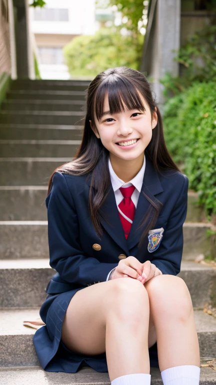 masterpiece,high resolution,realstic,RAW-photo,daytime,shoot from front,1teen girl,japanese high school student,extremely cute face,detailed face,realist skin,smiling,uniform,sitting on steps,knee up,looking at here,