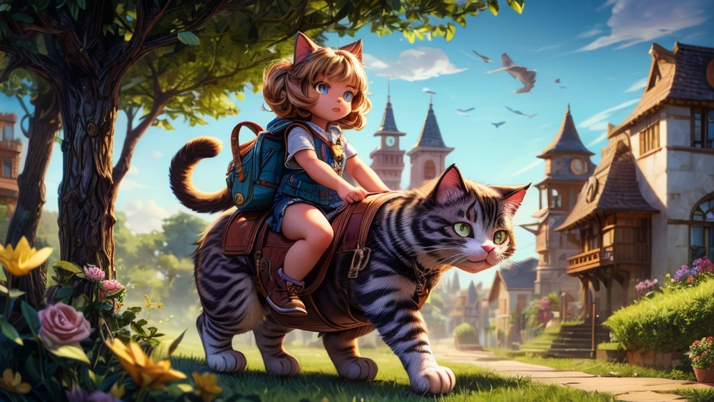 a giant cat, nekomata, startling a girl, beautiful detailed eyes, beautiful detailed lips, extremely detailed eyes and face, long eyelashes, portrait, intricate details, highly detailed, hyper realistic, 8k, masterpiece, dramatic lighting, moody atmosphere, eerie, surreal, supernatural, fantasy, cinematic, vivid colors, chiaroscuro