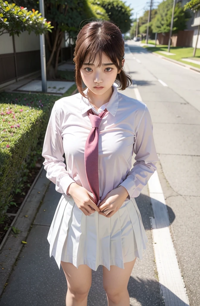 Hires, 1girl, 18yo, (adult body), (adult body ratio), cute school girl, Japanese uniform, (standing), (wind blowing skirt), wearing Japanese, surreal high school girl, looking down, looking at the viewer, shot from below, (cameltoe), (white underwear), (blushed face), (detailed skin)