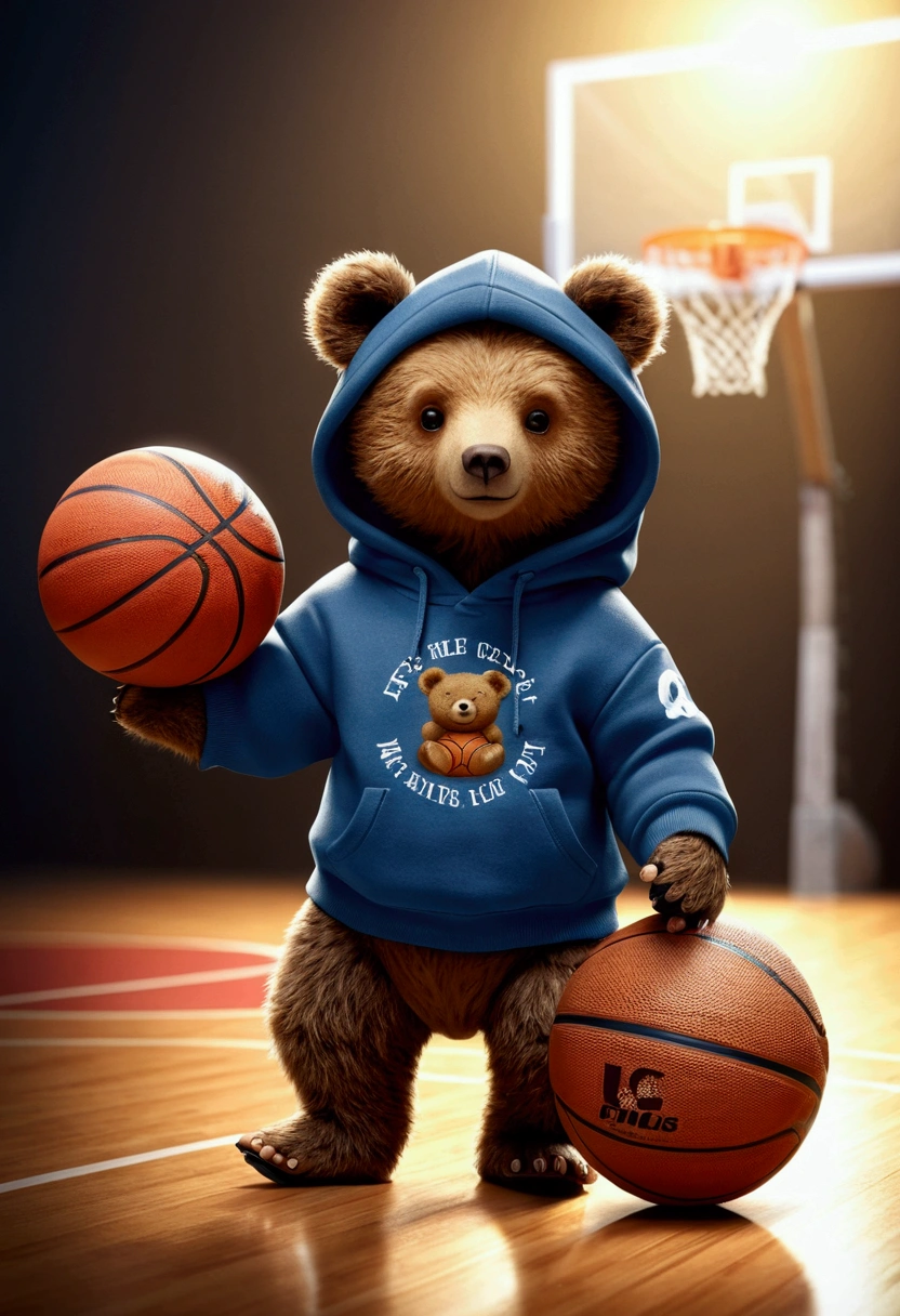 A cute little bear, Wearing a trendy hoodie, with his right foot up on a basketball, Masterpiece, Best quality,