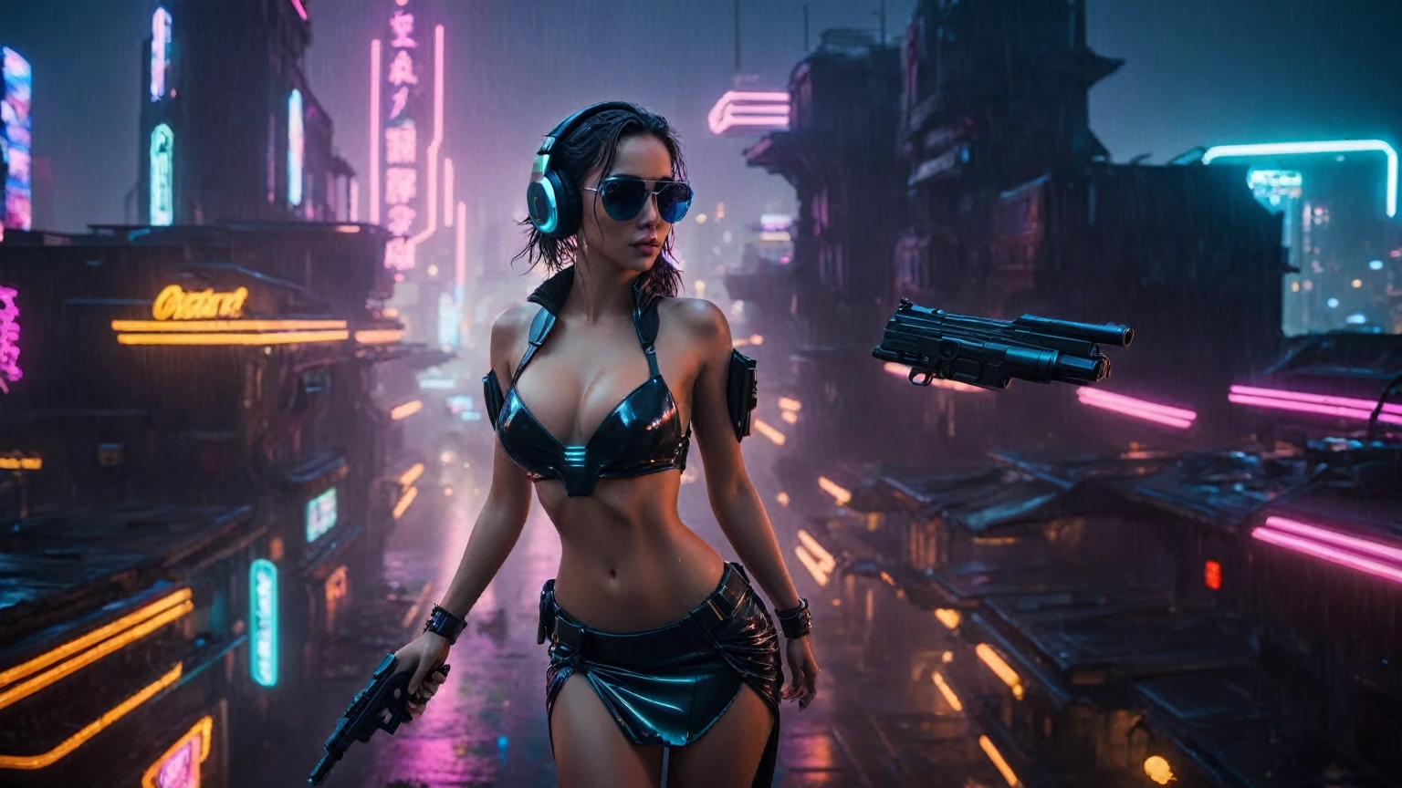 (aerial view, a flying cars docking platform, a very dark abandoned futuristic city, neon lights), rainy night. 1girl, solo, alone, large-breast:1.2 slim body, cleavage:1.1, sexy wind blowing wet dress:1.4, (headphone, black sunglasses), (((((she raised:1.8 a pistol:1.8 and took aim at viewer))))), dynamic pose, (((half-body thigh level medium shot))), cinematic lighting, lens flare, ray tracing.