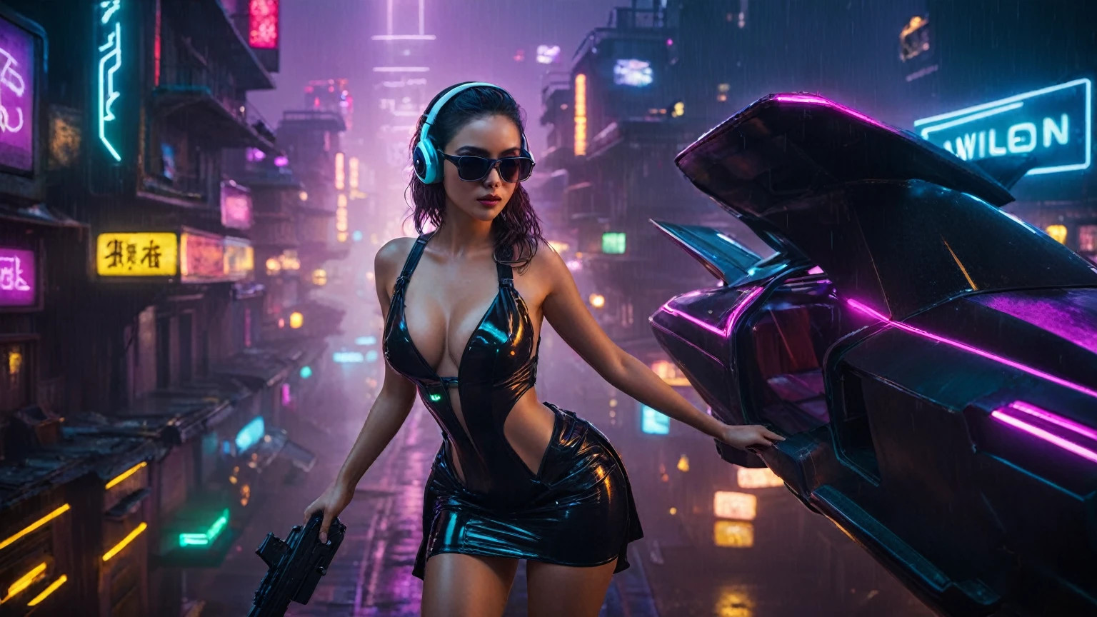 (aerial view, a flying cars docking platform, a very dark abandoned futuristic city, neon lights), rainy night. 1girl, solo, alone, large-breast:1.2 slim body, cleavage:1.1, sexy wind blowing wet dress:1.4, (headphone, black sunglasses), (((((she raised:1.8 a pistol:1.8 and took aim at viewer))))), dynamic pose, (((half-body thigh level medium shot))), cinematic lighting, lens flare, ray tracing.