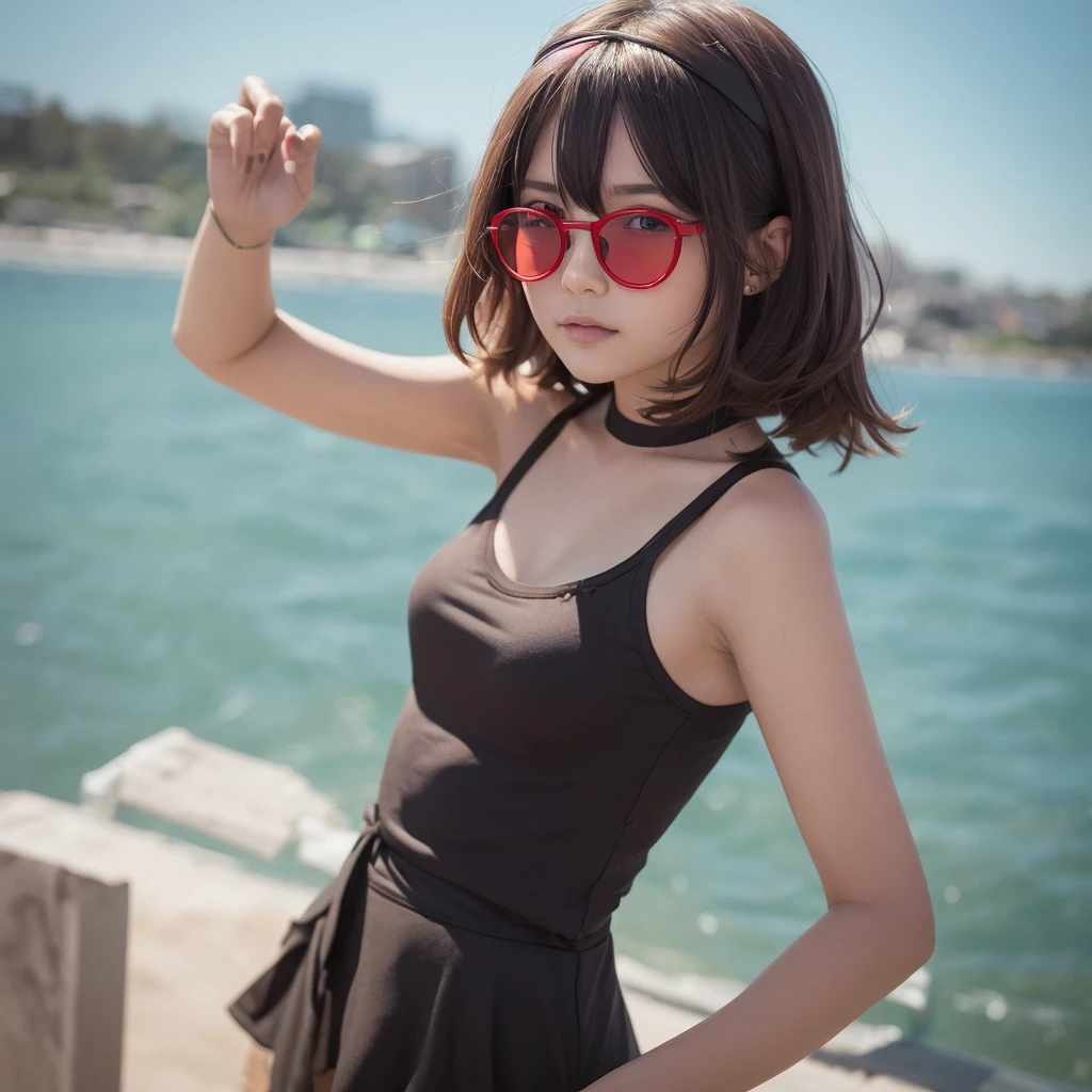 masterpiece, best_quality, 1girl, solo, gumi, , red eyewear on head,
