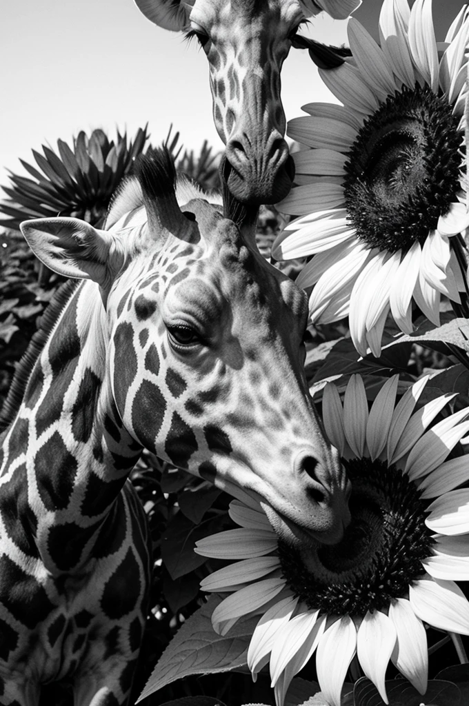 Small black and white drawing, of a sunflower and a giraffe intertwined