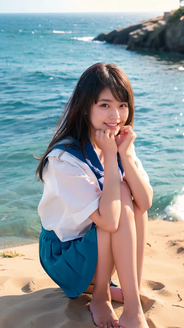 (((sunny day、Japanese 、Beach、A strong wind is blowing、Her hair and skirt are flying、squat, Scooping up seawater and spreading your hands、Traditional navy blue sailor uniform、White blouse、Pleated skirt、Scooping seawater with hands:1.25、splash、Splashing water on each other、smile、Laughter、Sandy Beach、Light of the sun、clear blue sea、The waves crash quietly、Blue sky and white clouds、Green Mountain々、Beautiful Nature、The joys of youth)))、(((Top-down configuration:1.33)))、(((8k、Highest quality、masterpiece、Ultra-high resolution)))、(Realistic:1.4)、RAW Photos、(Realistic skin texture:1.3)、(Film Grain:1.3)、((No underwear、Bend one leg))、One Girl、Beautiful and detailed eyes and face、barefoot、