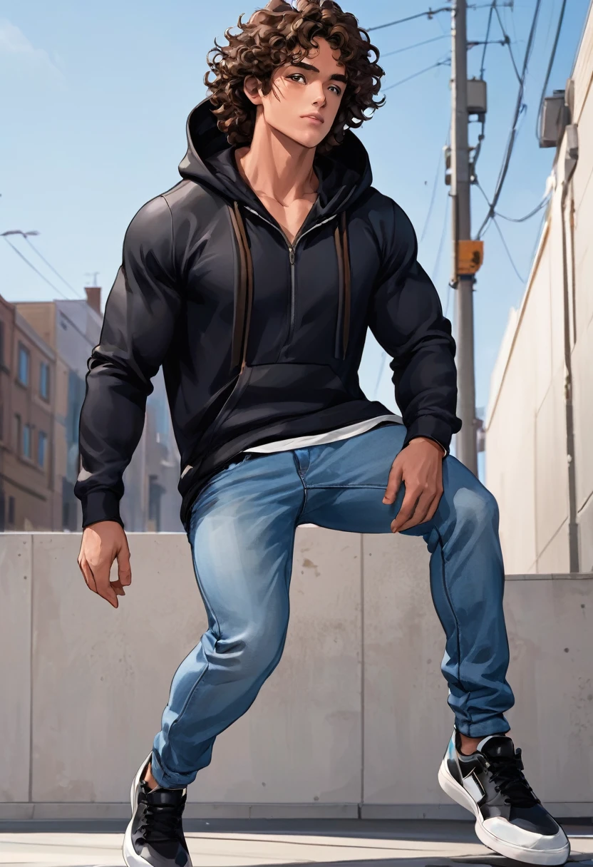 Male, tall, muscular build, giant, curly brown hair, sun kissed skin, hazelnut brown eyes, almond shaped eyes, very strong, athletic, Looking up, full body, crouched, tight black T-shirt, dark blue in zipped hoodie, baggy light blue jeans, black and white shoes, parted plump lips