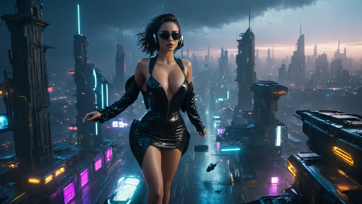 (aerial view, a flying cars docking platform, a very dark abandoned futuristic city, neon lights), rainy night. 1girl, solo, alone, large-breast:1.2 slim body, cleavage:1.1, sexy wind blowing wet dress:1.4, (headphone, black sunglasses), (((((she raised:1.8 a pistol:1.8 and took aim at viewer))))), dynamic pose, (((half-body thigh level medium shot))), cinematic lighting, lens flare, ray tracing.