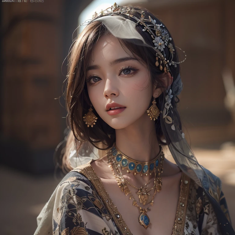 Hiding in the desert、Hair Flow、 ((Highest quality、masterpiece、8k、Best image quality、Ultra-high resolution、Award-winning works)、(Accurate anatomy:1.1)、(Look at me and smile:1.1)、Shining fair skin with Ultra-high resolution、The most detailed face、Ultra-high resolution detailed face、Ultra-high resolutionの髪の毛、(Ultra-high resolutionの煌めく瞳:1.1)、Beautiful face drawn in every detail、(Blurred Background:1.1)、Ancient Islamic clothing, Chest to chest, tattoo, Old ruins in the background、Black Authentic Dress Up Elegant 
