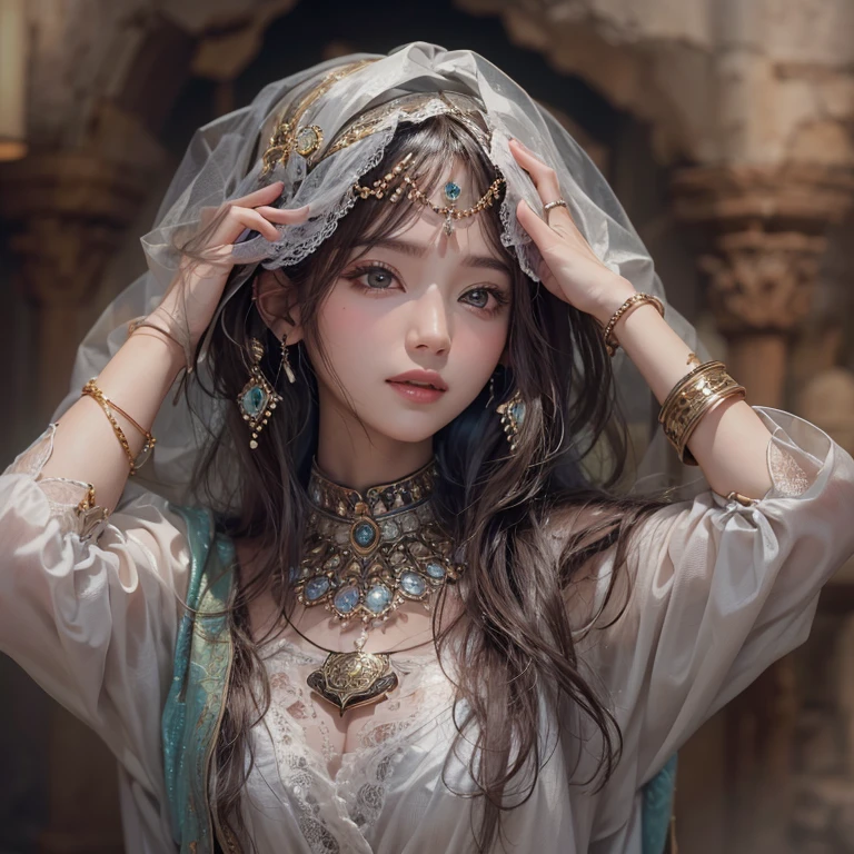 Hiding in the desert、Hair Flow、 ((Highest quality、masterpiece、8k、Best image quality、Ultra-high resolution、Award-winning works)、(Accurate anatomy:1.1)、(Look at me and smile:1.1)、Shining fair skin with Ultra-high resolution、The most detailed face、Ultra-high resolution detailed face、Ultra-high resolutionの髪の毛、(Ultra-high resolutionの煌めく瞳:1.1)、Beautiful face drawn in every detail、(Blurred Background:1.1)、Ancient Islamic clothing, Chest to chest, tattoo, Old ruins in the background、Black Authentic Dress Up Elegant