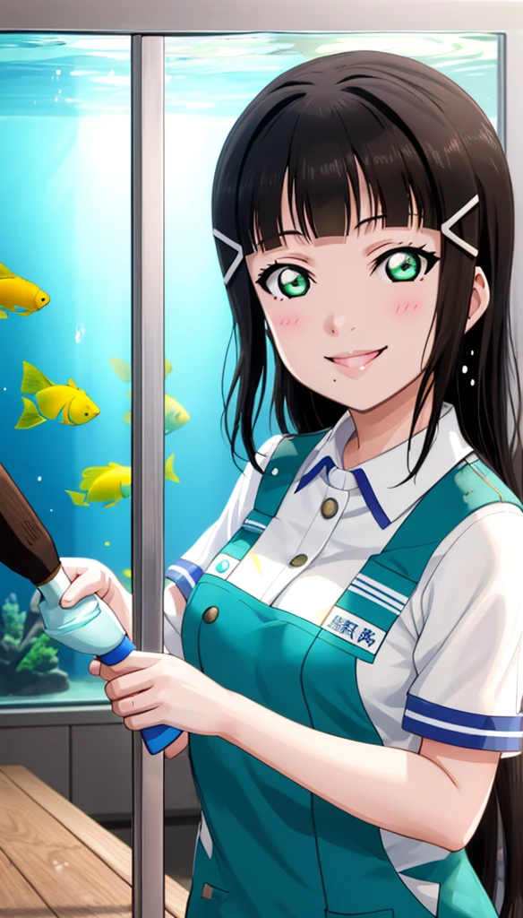 A scene featuring Dia Kurosawa from Love Live! Sunshine!!. She has long black hair and green eyes, smiling brightly. She's cleaning an aquarium, holding up a deck brush. The water splashes around her, sparkling in the light.
A character wearing an aquarium uniform.Smile Anime