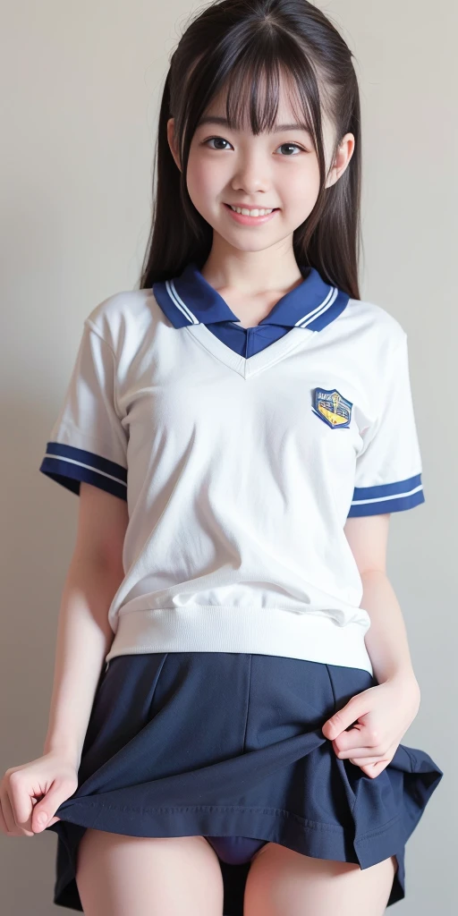 One incredibly cute girl,Super cute girl、White skin、(Wearing a sailor uniform)、 Professional Lighting、simple white back ground,Upper Body,close,smile,, (8k, RAW Photos, highest quality, masterpiece:1.2),(Realistic, photo-Realistic:1.37),Pull up your skirt、Panties are visible、