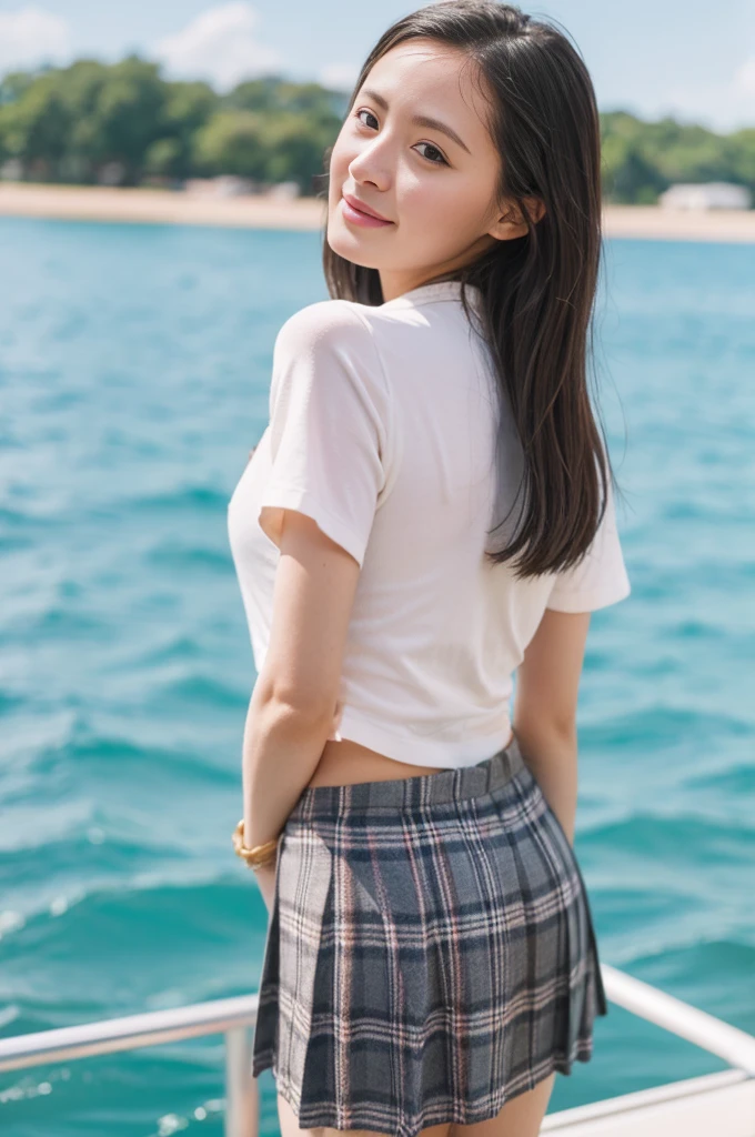 (8k, RAW Photos, Highest quality, masterpiece:1.2,Film Grain:1.1), masterpiece, Highest quality, shape, Very detailed, Fine details, High resolution, 8k,wallpaper, Perfect dynamic composition,(High quality with attention to detail, Realistic depiction of eyes:1.3)、A woman who has been and has her Hand tied、Place your arms behind your back、Hand tie,Standing on a yacht floating on the sea、Tartan Check Pleated Skirt、whole body、A strong wind blows and flips up my skirt、White panties are visible、The whole is facing forward、21talent、beauty、Well-formed face、Even out the eyes、Beautiful black hair、Banditium Build、Balanced ratio、Beautiful feet、Short sleeve blouse、Fresh face、Beautiful views、