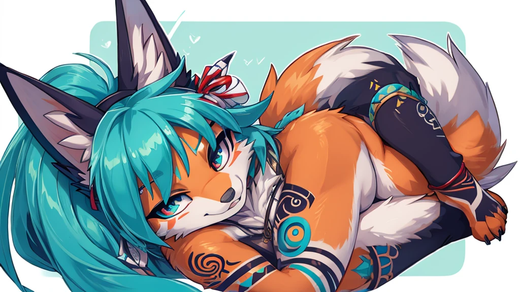 Miku Hatsune 19 years old adds high definition_detail:1, blue fur,kitsune ears, tribal tattoo add_detail:1, generate a png image of tuber with other expressions in chibi format