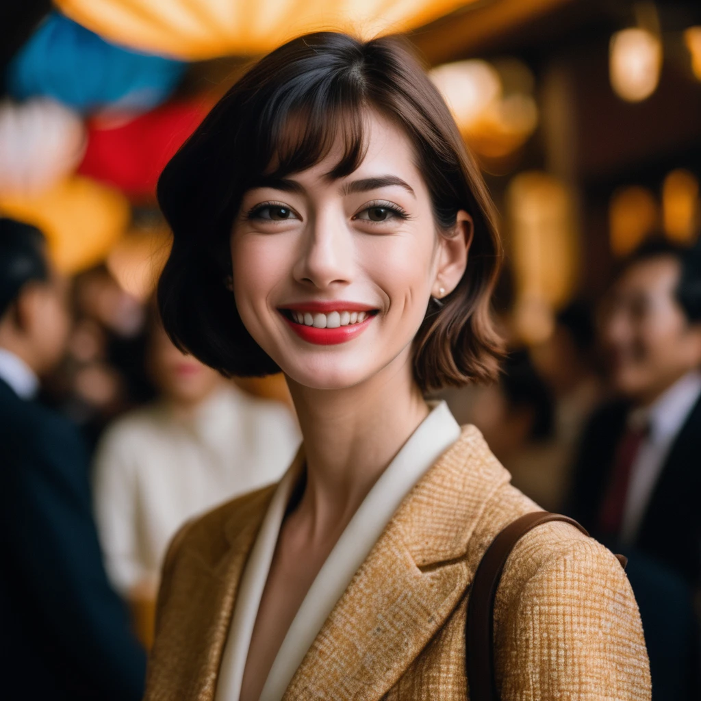 A beautiful face cute Japanese woman, still from the film, (Anne Hathaway look alike face: 0.9), happy smile, in a Wes Anderson outfit, 3D, hyperrealistic photography, Leica SL3, Summicron-SL 75 f/2 ASPH, Kodak Gold 200 film, silhouette, shallowed depth of field, dynamic hands up,