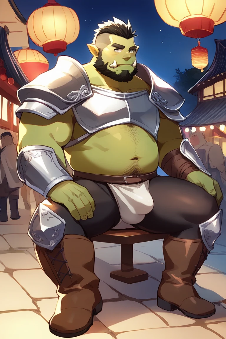 score_9, score_8_up, score_7_up, solo, male focus, chubby male, orc, green skin, tusks, beard, outdoors, micro armor , shoulder armor, breastplate, upper body, closed mouth , night, japanese festival , 祭り , (( black Tights )) , bulge , full body , boots , laying spread legs , tear , ashamed face , tentacles