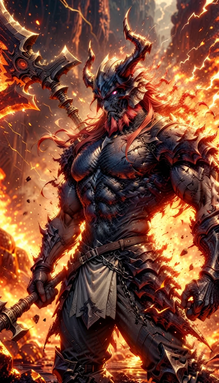 ((best quality)) , ((masterpiece)) , (detailed)，axe, 1boy, male focus, horns, glowing eyes, holding, beard, glowing, 独奏, weapon, holding axe, facial hair, muscular, fire, holding weapon, chain, looking at viewer, long hair, lightning, muscular male, red hair, horned helmet, armor, helmet, belt, fake horns, molten rock, feet out of frame, standing, battle axe, electricity,(((Chinese style)))