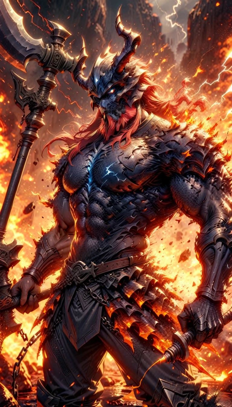 ((best quality)) , ((masterpiece)) , (detailed),axe, 1boy, male focus, horns, glowing eyes, holding, beard, glowing, 独奏, weapon, holding axe, facial hair, muscular, fire, holding weapon, chain, looking at viewer, long hair, lightning, muscular male, red hair, horned helmet, armor, helmet, belt, fake horns, molten rock, feet out of frame, standing, battle axe, electricity,(((Chinese style)))
