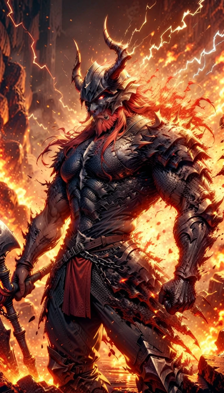 ((best quality)) , ((masterpiece)) , (detailed),axe, 1boy, male focus, horns, glowing eyes, holding, beard, glowing, 独奏, weapon, holding axe, facial hair, muscular, fire, holding weapon, chain, looking at viewer, long hair, lightning, muscular male, red hair, horned helmet, armor, helmet, belt, fake horns, molten rock, feet out of frame, standing, battle axe, electricity,(((Chinese style)))
