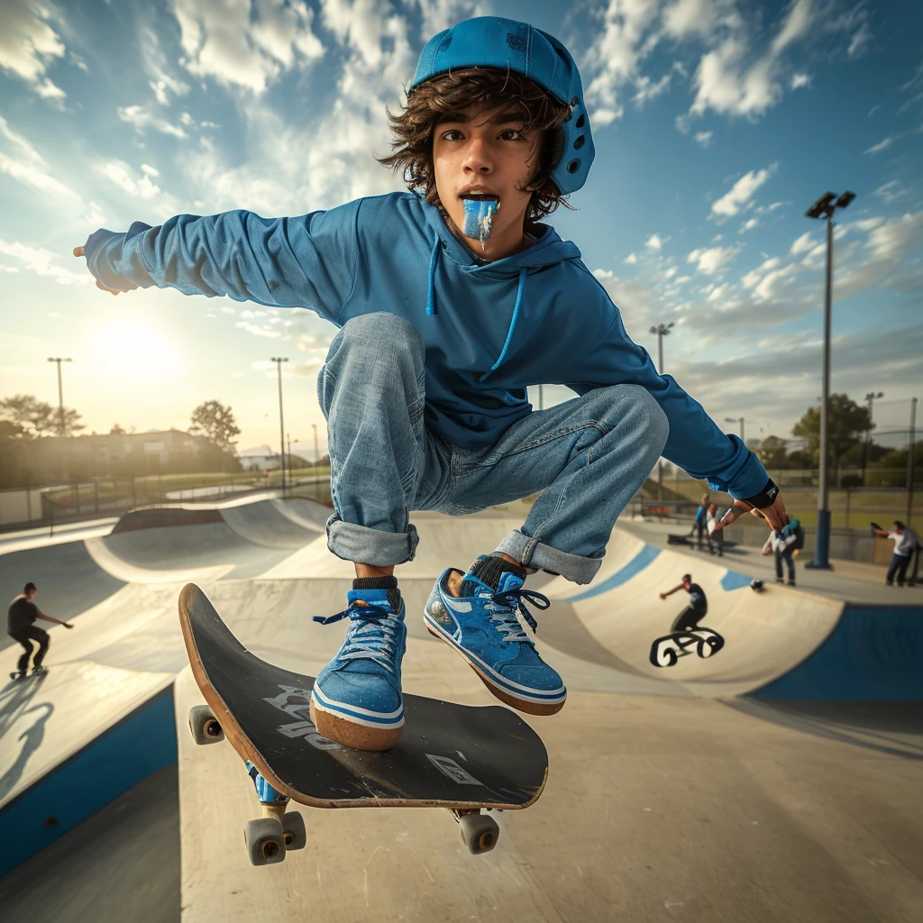 boy in blue shirt and blue pants doing a trick on a skateboard, action sports, action sports photography, skatepark, skate park, skateboarding, skateboarder style, at a skate park, skateboard, riding a skateboard, extreme sports photography, wide angle dynamic action shot, wideangle action, wide angle dynamic portrait, kickflip, cyril rolando and goro fujita