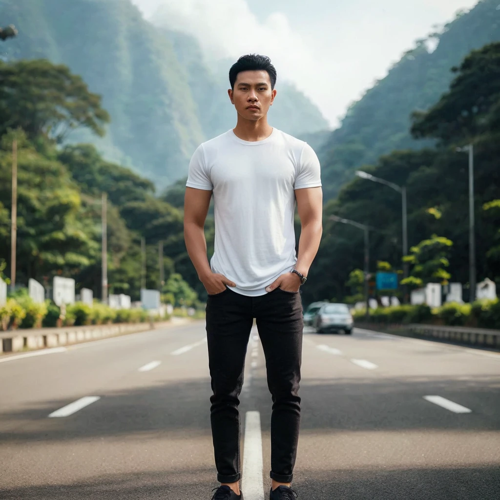 full body, a handsome Indonesian man, short black hair. wear a white t-shirt, long black jeans, shoe axle, was standing relaxed, hands outside his trouser pockets, He faced the front of the background on the side of the road, the atmosphere was very bright, the picture is very clear,real,realistic 32k