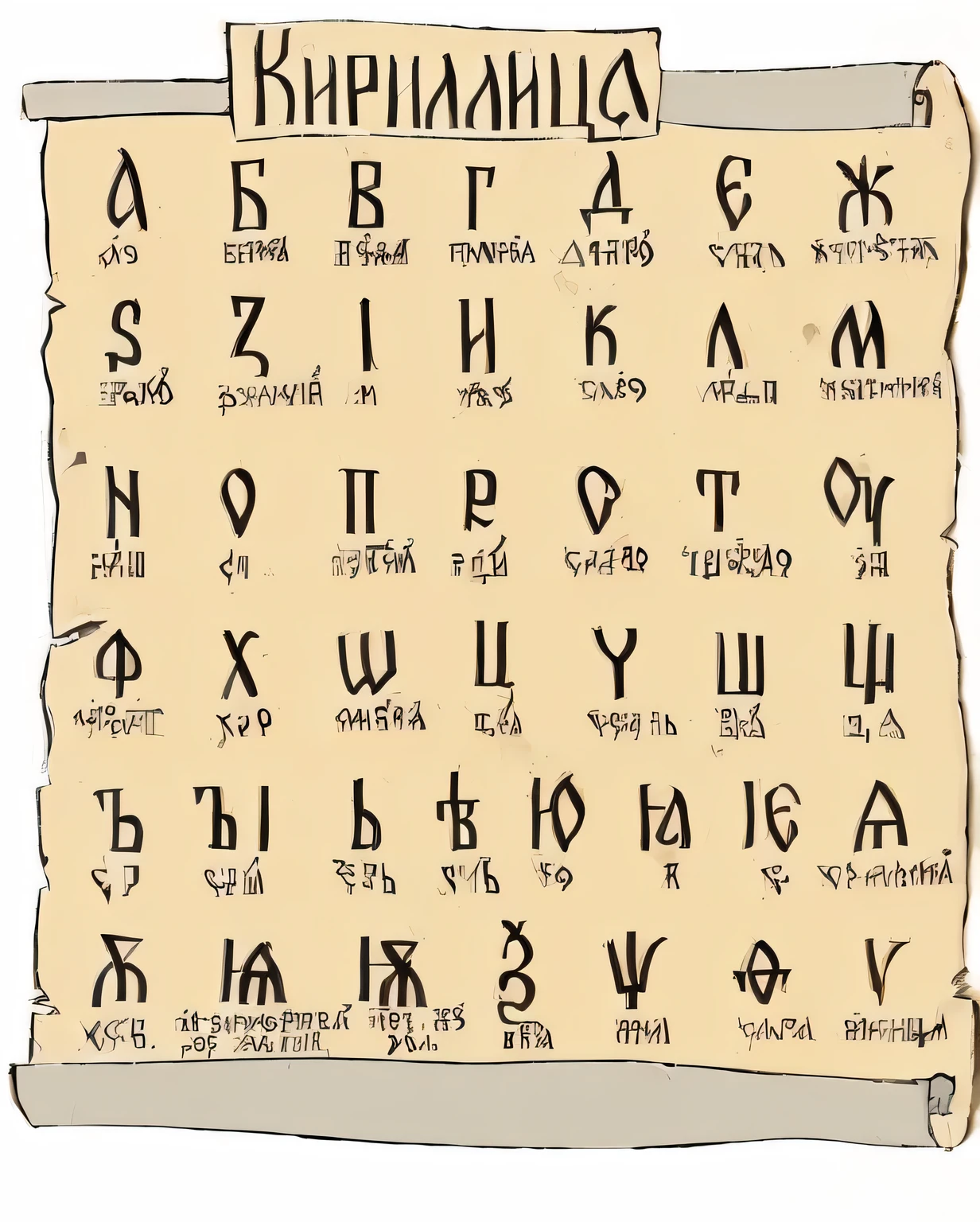 cartoon of a scroll with a set of ancient Greek alphabets, Runic words, Runic symbols, Slavic folklore symbols, runes, ancient evil letters, ancient runes, viking runes, foreign language, Slavic!!!, Runic tattoos, Ancient Text Style, Ancient writing, Glagolitic glyph, Slavic features