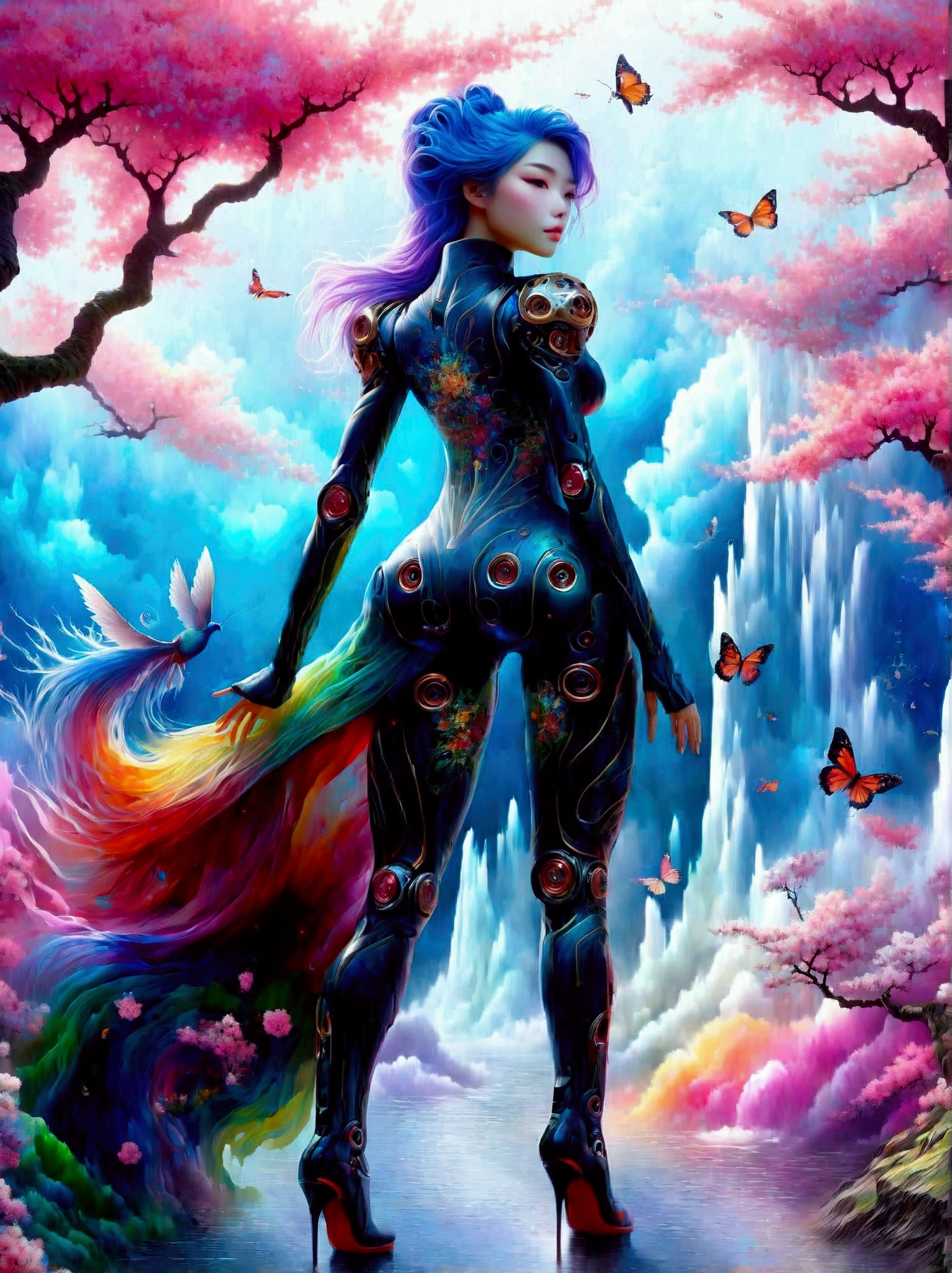 ((Imagine)),((whole body)),1 girl, Wearing a black cheongsam,Arms and Legs,手持电动步枪的Cyberpunk美女,Standing under a cherry tree with pink flowers in full bloom,(Mechanical ceramic high heels:1.5 ),Empty mountain motorcycle style oil painting,in the style of futuristic,Cyberpunk,High Detail, Top quality,Official Art,(Aesthetics and aesthetics:1.2),(Fractal Art:1.3),(Facial features of Korean girls:1.8),(Front view:1.9),(以广角镜头拍摄whole body的顶级摄影师作品:1.5),Looking at the audience,(Rainbow hair,Hair color,Half blue and half pink hair:1.2),masterpiece,Best quality,Anatomically correct,Textured Skin,Super Detail,8k,high resolution,Vibrant colors, Thick Line, wave, Multi-layer, prospect, view, fractal thunder dan mumford , Dan Mumford and Alex Grey Styles, Inspired by Cyril Rolando,Psychedelic Surreal Art, Surreal psychedelic design, Dream Art Style, Psychedelic Art, Infinite psychedelic waves