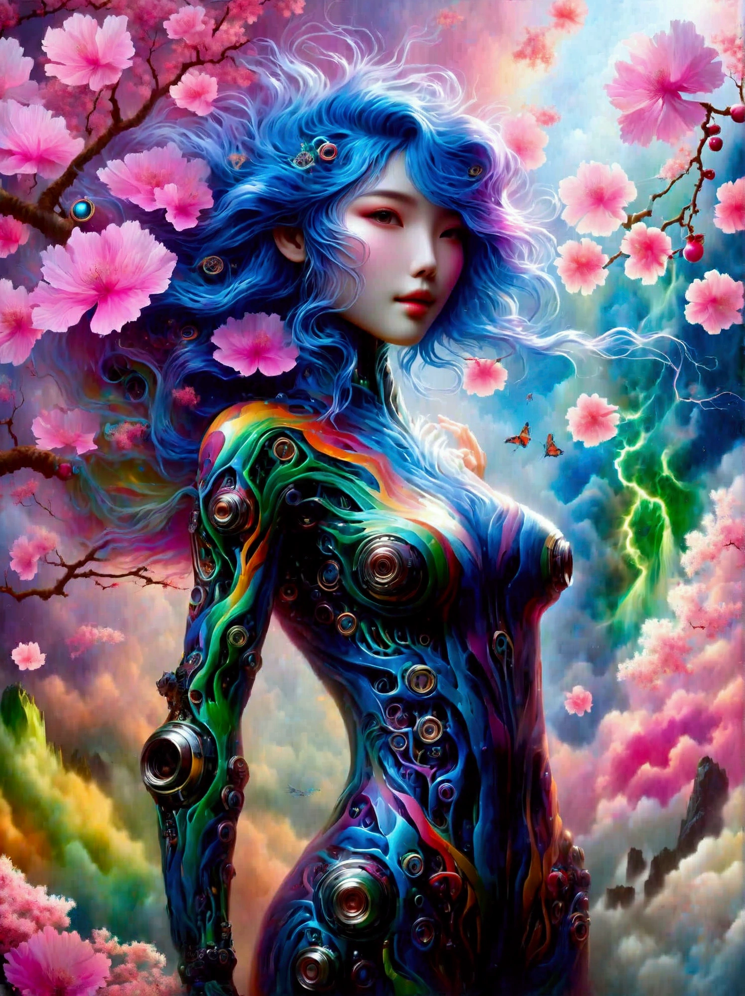 ((Imagine)),((whole body)),1 girl, Wearing a black cheongsam,Arms and Legs,手持电动步枪的Cyberpunk美女,Standing under a cherry tree with pink flowers in full bloom,(Mechanical ceramic high heels:1.5 ),Empty mountain motorcycle style oil painting,in the style of futuristic,Cyberpunk,High Detail, Top quality,Official Art,(Aesthetics and aesthetics:1.2),(Fractal Art:1.3),(Facial features of Korean girls:1.8),(Front view:1.9),(以广角镜头拍摄whole body的顶级摄影师作品:1.5),Looking at the audience,(Rainbow hair,Hair color,Half blue and half pink hair:1.2),masterpiece,Best quality,Anatomically correct,Textured Skin,Super Detail,8k,high resolution,Vibrant colors, Thick Line, wave, Multi-layer, prospect, view, fractal thunder dan mumford , Dan Mumford and Alex Grey Styles, Inspired by Cyril Rolando,Psychedelic Surreal Art, Surreal psychedelic design, Dream Art Style, Psychedelic Art, Infinite psychedelic waves