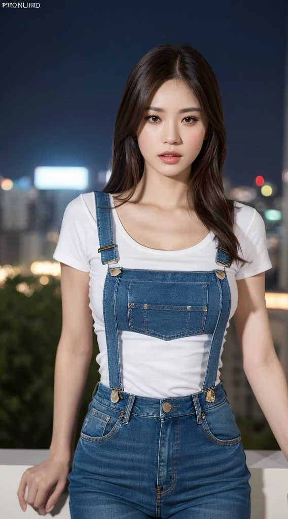 a beautiful woman with long slim legs, perfect figure and abs, wearing a white tight t-shirt and denim suspenders, standing on a rooftop with a night city scene in the background, highly detailed facial features and skin texture, beautiful dark brown hair and huge breasts, have name “Darling” on shirt (best quality,8k,highres,masterpiece:1.3),ultra-detailed,(realistic,photorealistic,photo-realistic:1.37),HDR,UHD,studio lighting,ultra-fine painting,sharp focus,physically-based rendering,extreme detail description,professional,vivid colors,bokeh,portraits,dark colors,dramatic lighting