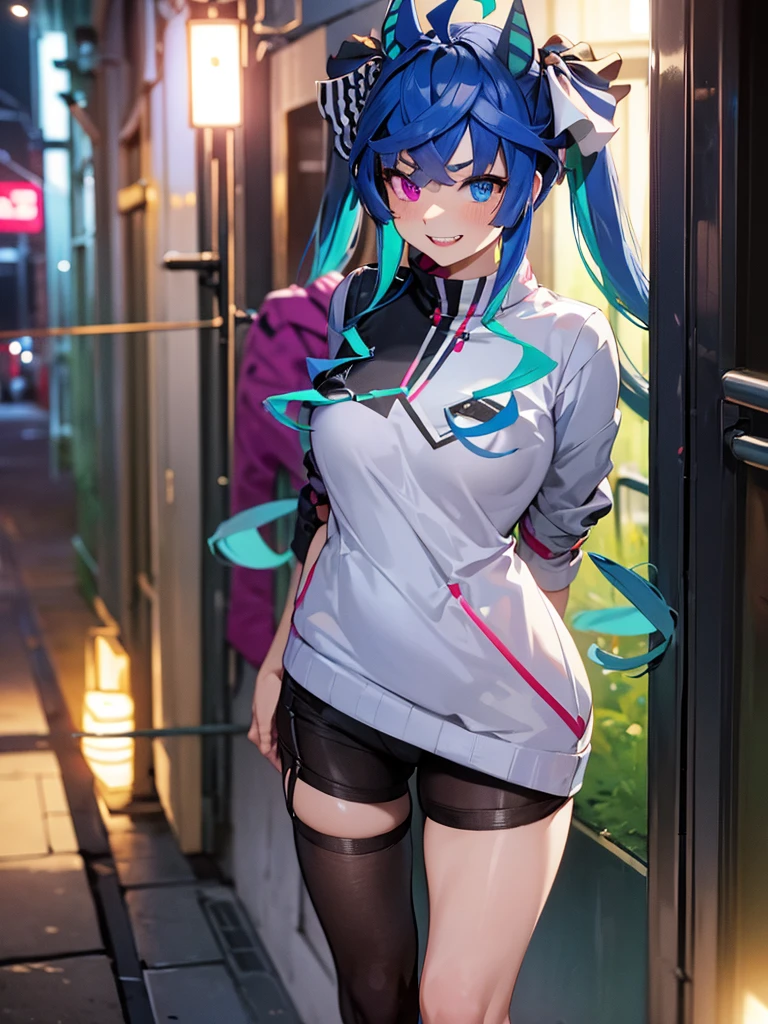 (Masterpiece, best quality, high res、highly detailed cg: 1), ‘Looking for a hooker?’ and a prostitute invites a man to join her. The scene is dominated by a prostitute touting on a quiet, deserted street at night. She is flirtatious with an upward glance. Twin_Turbo_Umamusume, aqua hair, twintails, heterochromia, purple eyes, blue eyes, sharp teeth, nsfw, Seduction, (short stature), Natural smile