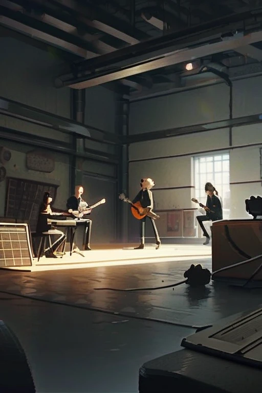 ((Лучшее качество)), ((шедевр)), (подробный), Artist rock band in an old garage