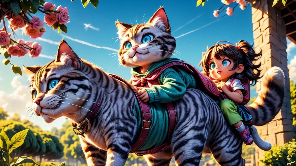 a giant cat, nekomata, startling a girl, beautiful detailed eyes, beautiful detailed lips, extremely detailed eyes and face, long eyelashes, portrait, intricate details, highly detailed, hyper realistic, 8k, masterpiece, dramatic lighting, moody atmosphere, eerie, surreal, supernatural, fantasy, cinematic, vivid colors, chiaroscuro