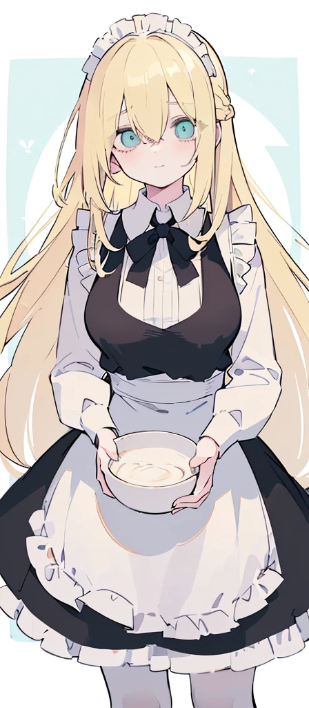 (((Long blonde Beautiful Hair))),blonde hair,kawai,(((Eyes visible from bangs,hair over eyes:1.3))),,Huge breasts,(cyan green color eyes),,(cyany slanted eyes),1girl in,bangs,long gray hair, pantyhose,Cowboy Shot,white background,short hair,smiled,(wearing black maid clothes), (maid dress type must have a perfect black vest), Bangs should be long to the tip of the chin(((, focusing on the bowl containing the dough and holding a spoon to stir it))), Kitchen room background, Perfect arm fingers,,, 1 girl, ((The image must match the tag)) Bangs almost cover the eyes full body (The character's entire body from top to bottom is completely visible)