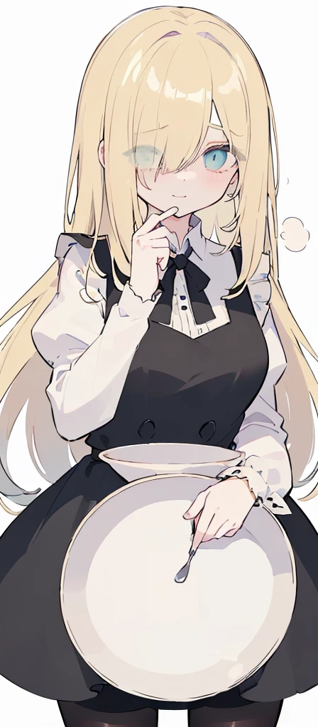 (((Long blonde Beautiful Hair))),blonde hair,kawai,(((Eyes visible from bangs,hair over eyes:1.3))),,Huge breasts,(cyan green color eyes),,(cyany slanted eyes),1girl in,bangs,long gray hair, pantyhose,Cowboy Shot,white background,short hair,smiled,(wearing black maid clothes), (maid dress type must have a perfect black vest), Bangs should be long to the tip of the chin(((, focusing on the bowl containing the dough and holding a spoon to stir it))), Kitchen room background, Perfect arm fingers,,, 1 girl, ((The image must match the tag)) Bangs almost cover the eyes full body (The character's entire body from top to bottom is completely visible)