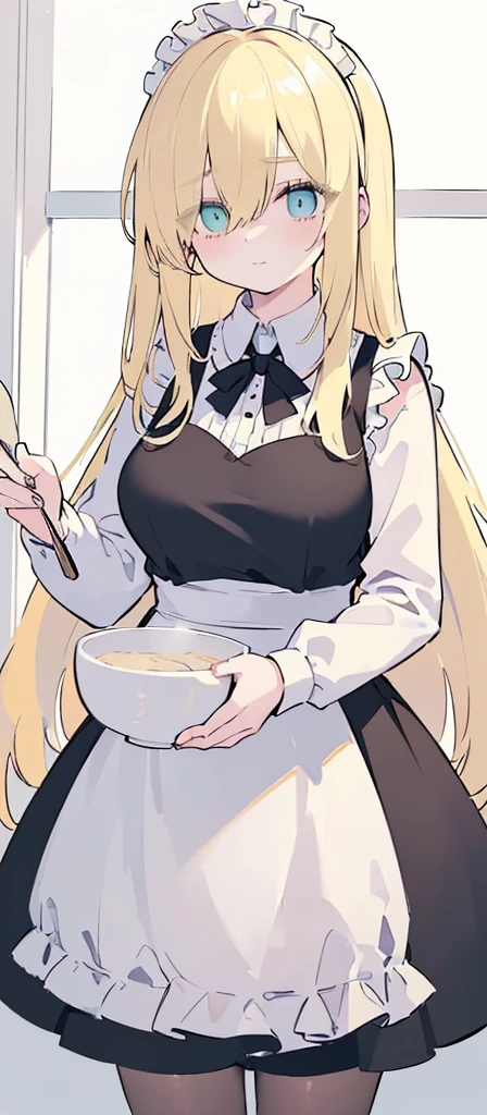 (((Long blonde Beautiful Hair))),blonde hair,kawai,(((Eyes visible from bangs,hair over eyes:1.3))),,Huge breasts,(cyan green color eyes),,(cyany slanted eyes),1girl in,bangs,long gray hair, pantyhose,Cowboy Shot,white background,short hair,smiled,(wearing black maid clothes), (maid dress type must have a perfect black vest), Bangs should be long to the tip of the chin(((, focusing on the bowl containing the dough and holding a spoon to stir it))), Kitchen room background, Perfect arm fingers,,, 1 girl, ((The image must match the tag)) Bangs almost cover the eyes full body (The character's entire body from top to bottom is completely visible)