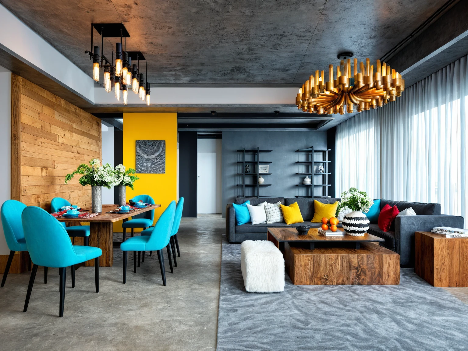 Raw photo, Masterpiece, high quality, best quality, authentic, super detail,
((Industrial)),
Draws inspiration from raw, unfinished spaces like warehouses or lofts, Exposed brick walls, (metal accents), and (statement lighting) create a dramatic and edgy feel,

This style thrives on a cool and neutral palette with (grays), ((blacks)), and browns forming the foundation, Pops of color can be introduced with pops of red, yellow, or ((turquoise)) for a touch of vibrancy, Reclaimed (wood and concrete) accents further enhance the industrial aesthetic,