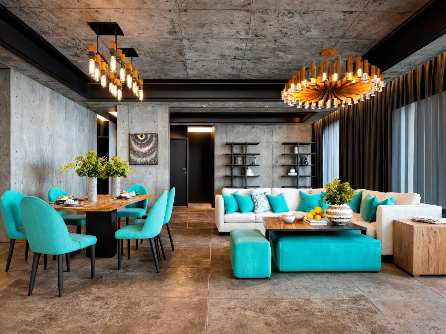 Raw photo, Masterpiece, high quality, best quality, authentic, super detail,
((Industrial)),
Draws inspiration from raw, unfinished spaces like warehouses or lofts, Exposed brick walls, (metal accents), and (statement lighting) create a dramatic and edgy feel,
This style thrives on a cool and neutral palette with (grays), ((blacks)), and browns forming the foundation, Pops of color can be introduced with pops of red, yellow, or ((turquoise)) for a touch of vibrancy, Reclaimed (wood and concrete) accents further enhance the industrial aesthetic,