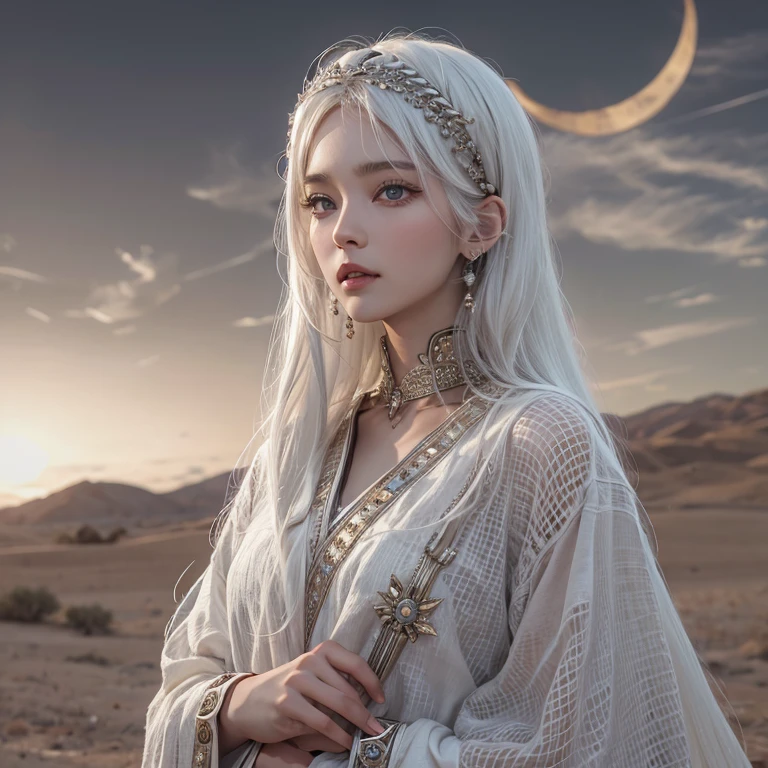 (Highest quality、masterpiece、8k、Best image quality、Ultra-high resolution、Award-winning works)、A beautiful white-haired woman watches over us from afar in the desert........, Where the moonlight shines.、Ancient Islamic clothing、Beautiful face drawn in every detail