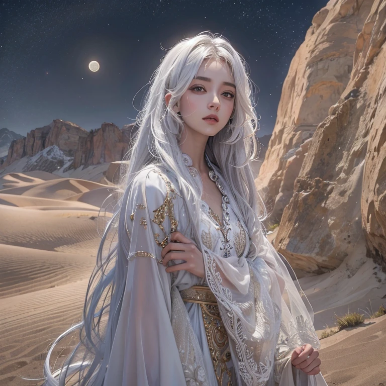 (Highest quality、masterpiece、8k、Best image quality、Ultra-high resolution、Award-winning works)、A beautiful white-haired woman watches over us from afar in the desert........, Where the moonlight shines.、Ancient Islamic clothing、Beautiful face drawn in every detail