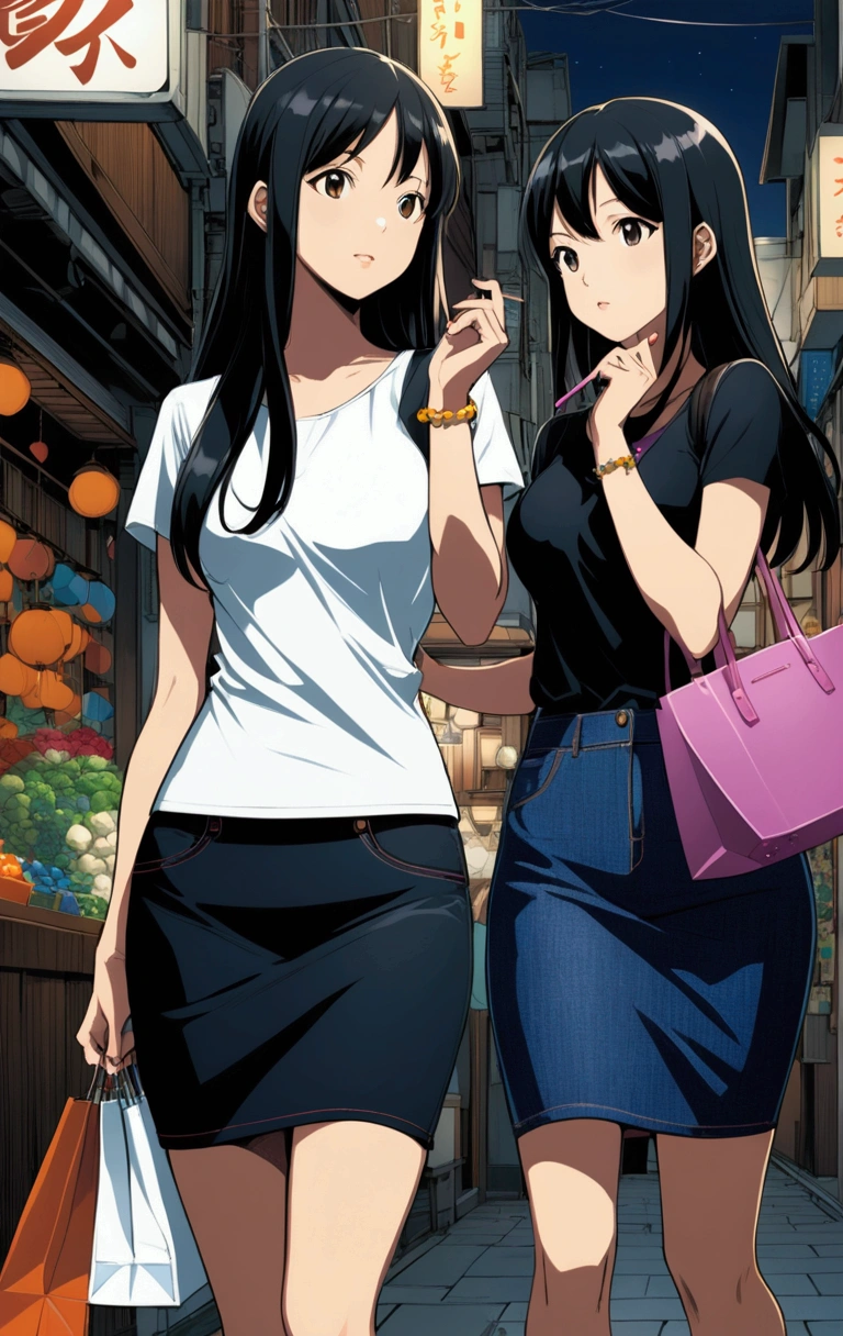 two young beauty women hang out together along shopping district, (one woman wear cotton pencil skirt, another woman wear denim pencil skirt ), japanese anime style illustration, vivid colors, brighter light, Kentaro Yabuki style