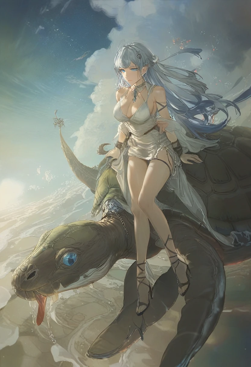 A beautiful girl with long white hair, piercing blue eyes, riding on the back of a giant turtle soaring through the sky, masterpiece, best quality, extremely detailed, cinematic lighting, vibrant colors, intricate background, stunning scenery, fantasy, magical, ethereal