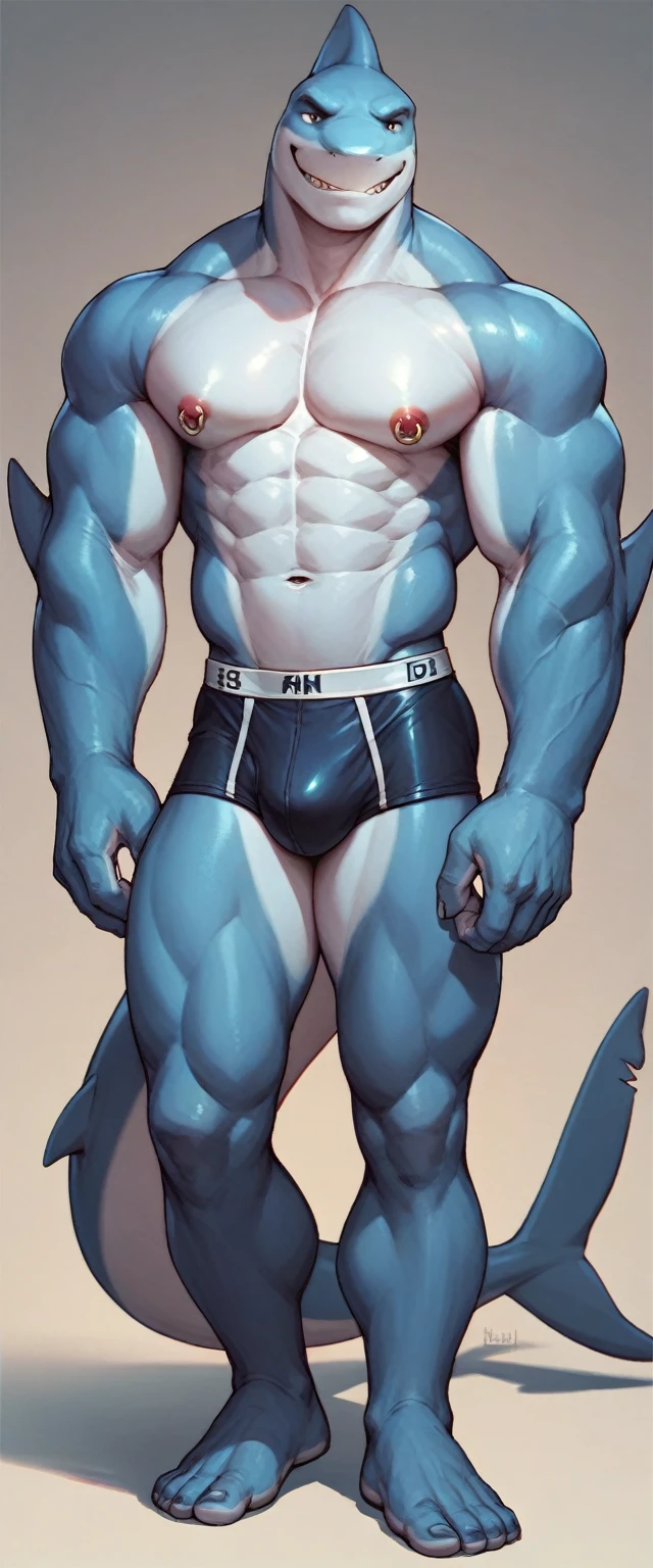 Shark anthropomorphic, blue-white skin color, male chest, Navel, nipples, full length, press, broad shoulders, muscular, tight shiny briefs, Nipple piercing, 