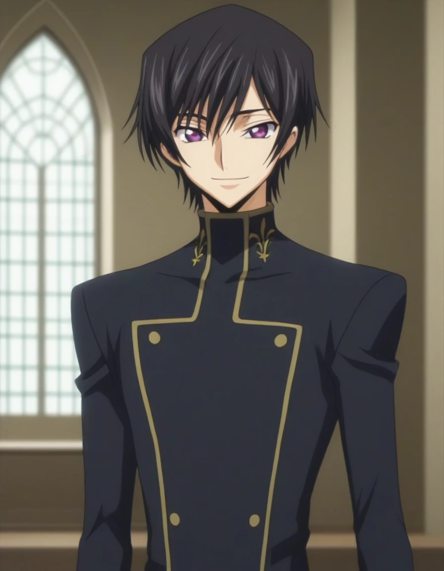 score_9, score_8_up, score_7_up, source_anime, rating_safe, intricate details, anime screencap, , , looking at viewer, depth of field, 1boy, solo, male focus, lelouch_lamperouge, black hair, purple eyes, bangs, smile, cute, black suit costume, castle, room, dusk.