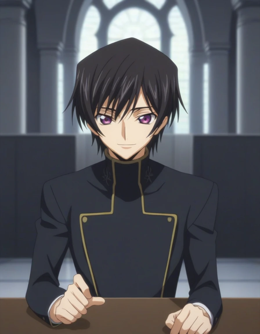 score_9, score_8_up, score_7_up, source_anime, rating_safe, intricate details, anime screencap, , , looking at viewer, depth of field, 1boy, solo, male focus, lelouch_lamperouge, black hair, purple eyes, bangs, smile, cute, black suit costume, castle, room, dusk.