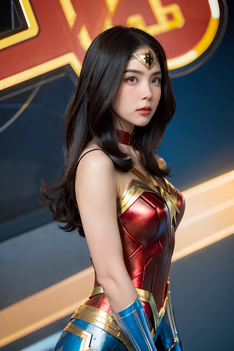 a close up of a woman in a costume with a bunch of aliens, james jean soft light 4 k, wlop : :, art-deco style, portrait of wonder woman, inspired by Noriyoshi Ohrai, trending on artstaion, mechanized soldier girl, sci - fi : :