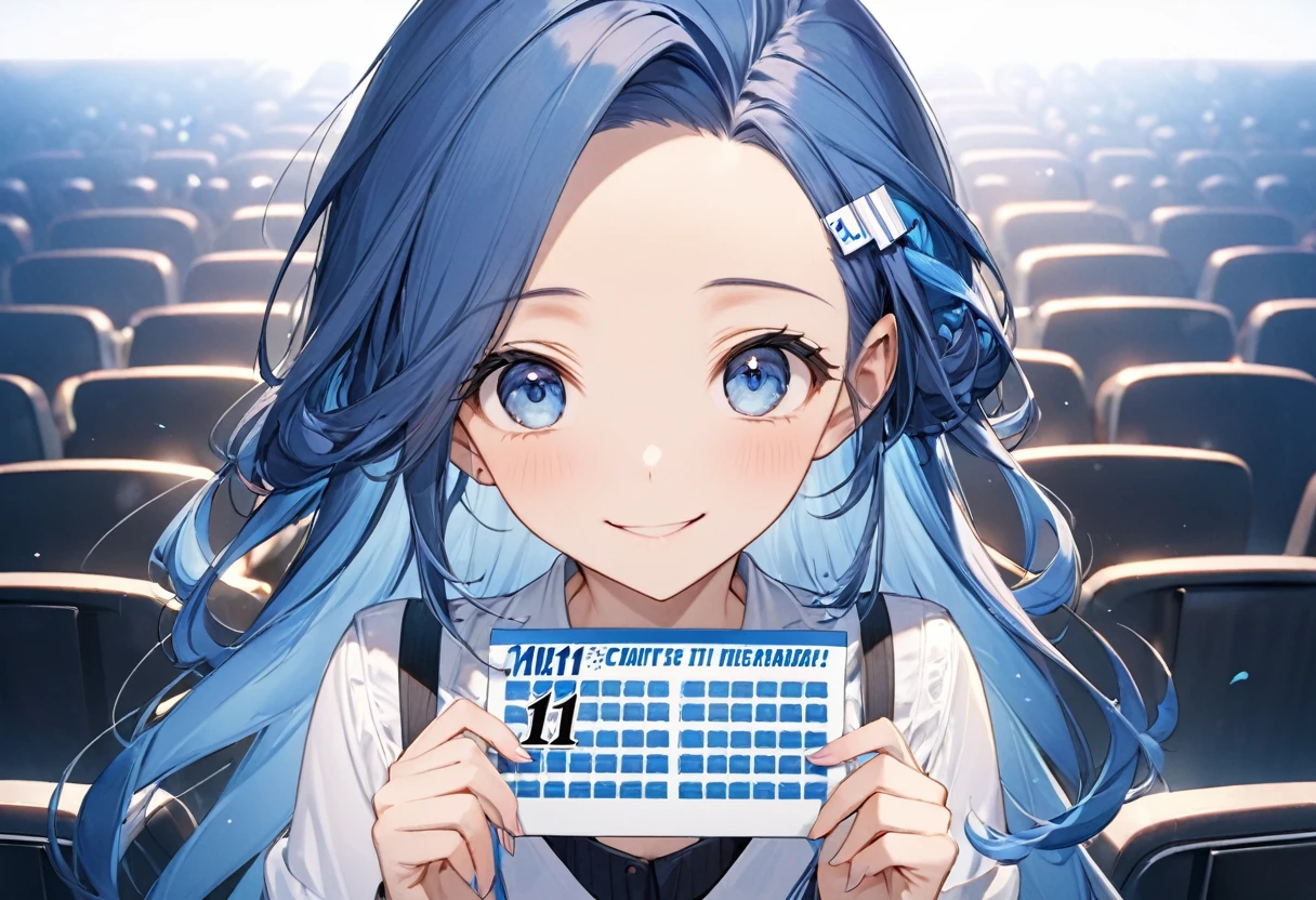 (Characters appear word of "1111"), (a forehead blue hair long hair cute girl, blue eyes, cute smile, hand holding Number Card of) ((("1111"))) on to cinema screen, BREAK, perfect anatomy, masterpiece, best quality, 16k, beautiful detailed cinema, daydreaming expression.