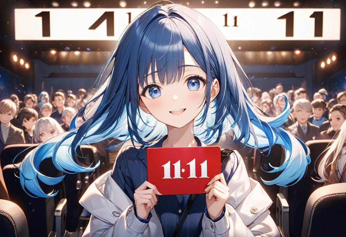 (Characters appear word of "1111"), (a forehead blue hair long hair cute girl, blue eyes, cute smile, hand holding Number Card of) ((("1111"))) on to cinema screen, BREAK, perfect anatomy, masterpiece, best quality, 16k, beautiful detailed cinema, daydreaming expression.